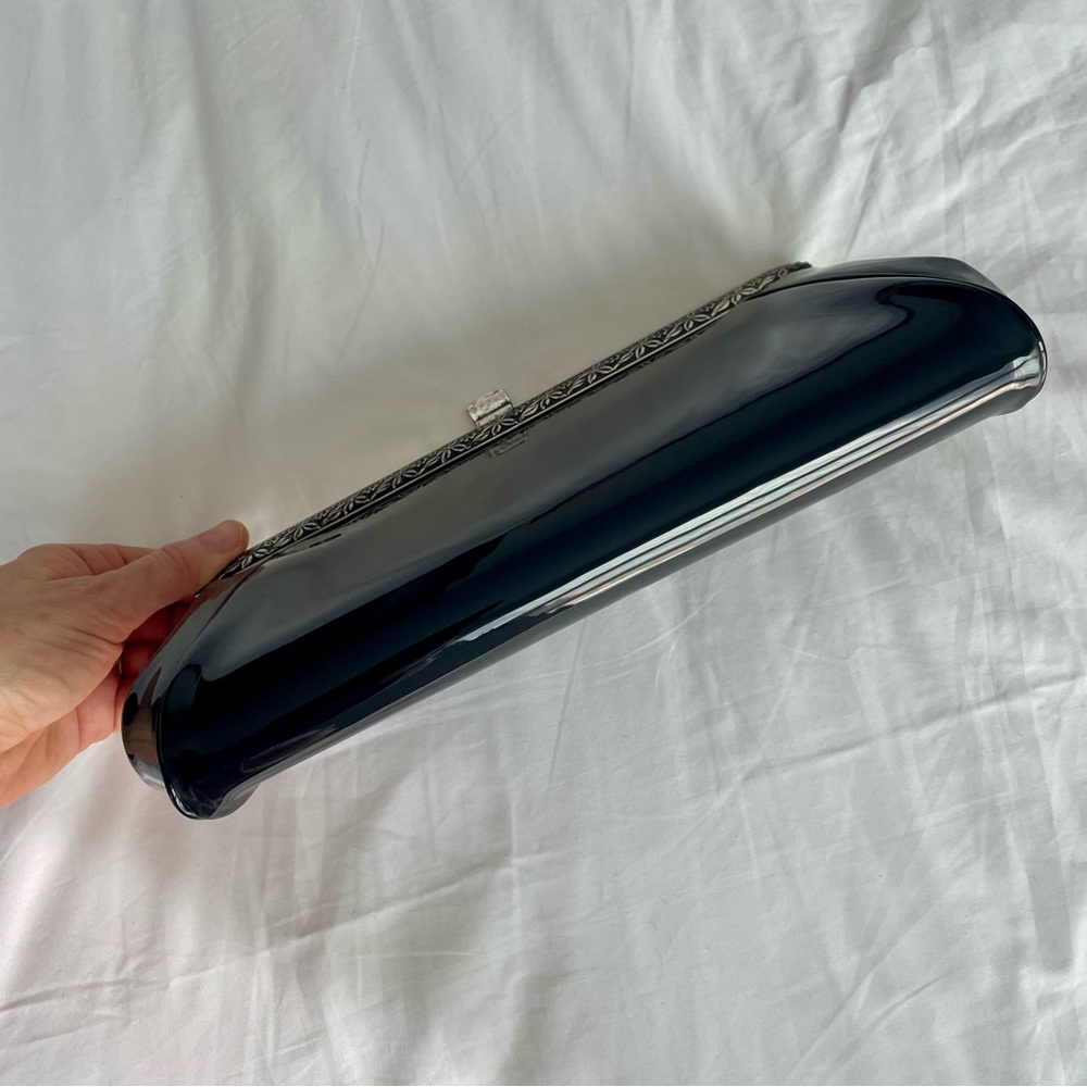 Vintage Black Patent Leather Vinyl Floral Clutch Evening Bag - Picture 11 of 13